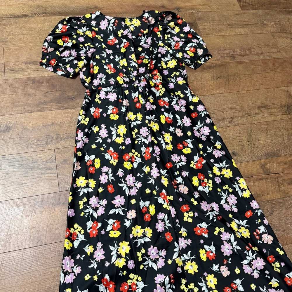 ASOS Design Black Floral Puff Sleeve Midi Dress V-Neck Size US 14 - Picture 3 of 7